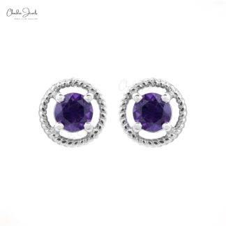 Solid 14k White Gold Solitaire Studs With 5mm Amethyst February Birthstone Earrings For Her