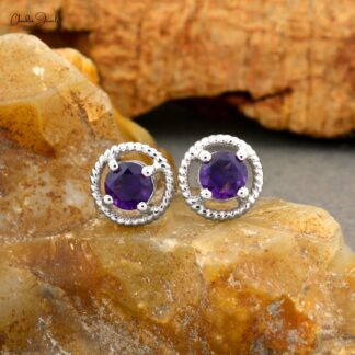 Solid 14k White Gold Solitaire Studs With 5mm Amethyst February Birthstone Earrings For Her