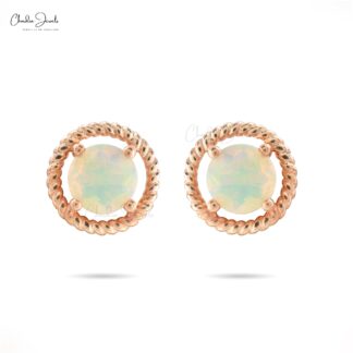 Genuine Ethiopian Opal Studs Earrings 0.74 Ct Brilliant Round Cut Gemstone Studs 14k Solid Rose Gold Minimalist Earrings For Her