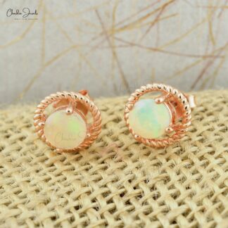 Genuine Ethiopian Opal Studs Earrings 0.74 Ct Brilliant Round Cut Gemstone Studs 14k Solid Rose Gold Minimalist Earrings For Her