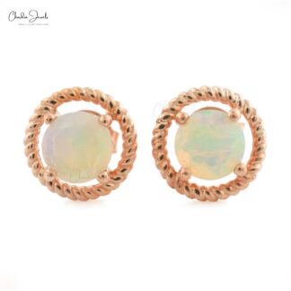 Genuine Ethiopian Opal Studs Earrings 0.74 Ct Brilliant Round Cut Gemstone Studs 14k Solid Rose Gold Minimalist Earrings For Her