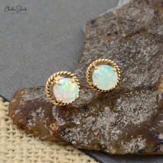 Natural Opal Earrings For Her 14k Solid Yellow Gold Push Back Earrings 5mm Round Cut Gemstone Dainty Earrings For Wedding Gift