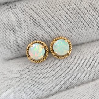 Natural Opal Earrings For Her 14k Solid Yellow Gold Push Back Earrings 5mm Round Cut Gemstone Dainty Earrings For Wedding Gift