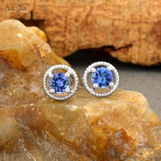 AAA Blue Tanzanite Prong Set Earrings 5mm Round Cut Gemstone Spiral Studs Genuine 14k Real Gold December Birthstone Jewelry For Gift
