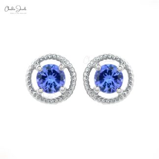 AAA Blue Tanzanite Prong Set Earrings 5mm Round Cut Gemstone Spiral Studs Genuine 14k Real Gold December Birthstone Jewelry For Gift