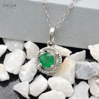 Pure 14k White Gold Spiral Pendant With 5mm Emerald Gemstone Handmade Pendants