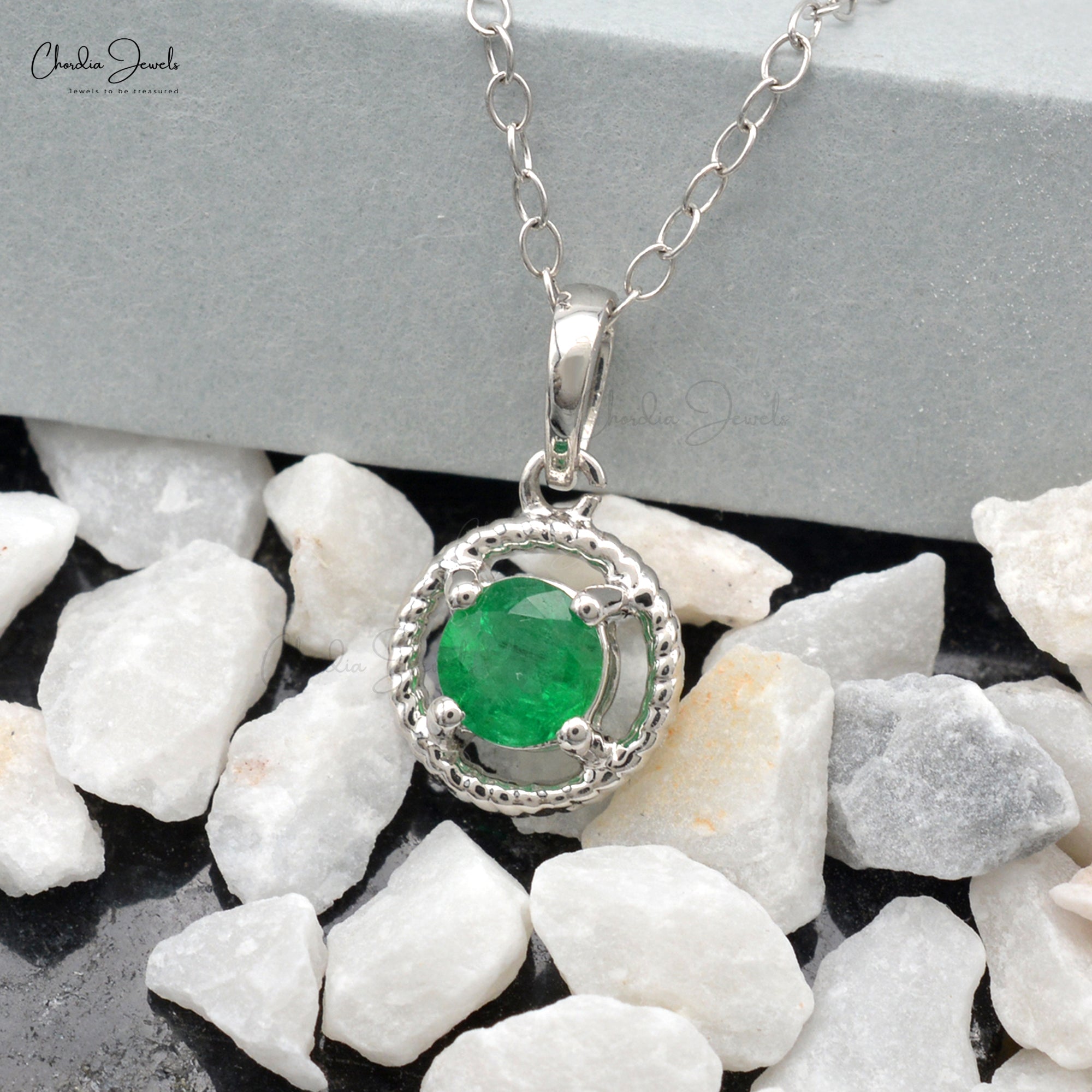 Pure 14k White Gold Spiral Pendant With 5mm Emerald Gemstone Handmade Pendants