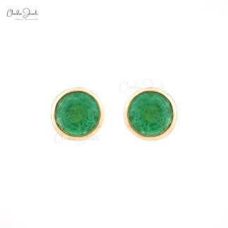 Real 14k Yellow Gold Bezel Set Emerald Stud Earrings For Women