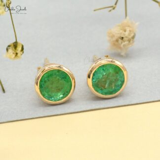 Real 14k Yellow Gold Bezel Set Emerald Stud Earrings For Women