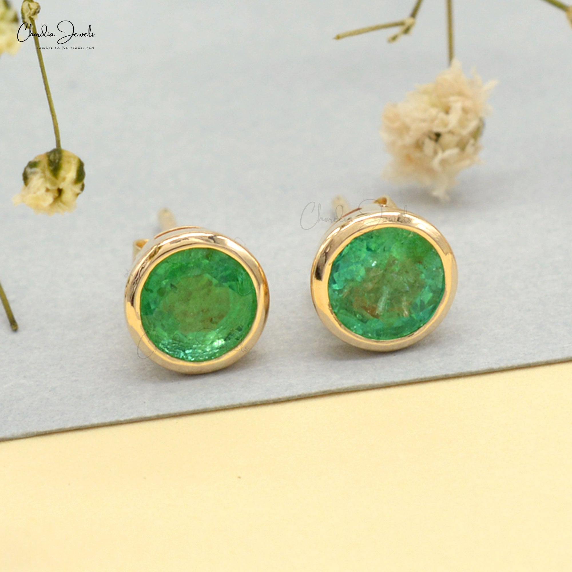 Real 14k Yellow Gold Bezel Set Emerald Stud Earrings For Women