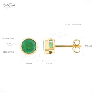 Real 14k Yellow Gold Bezel Set Emerald Stud Earrings For Women