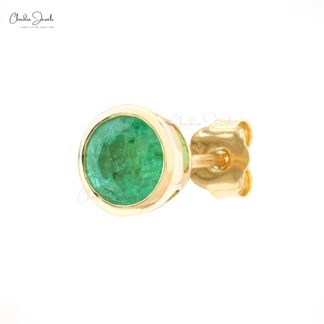 Real 14k Yellow Gold Bezel Set Emerald Stud Earrings For Women