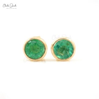 Real 14k Yellow Gold Bezel Set Emerald Stud Earrings For Women