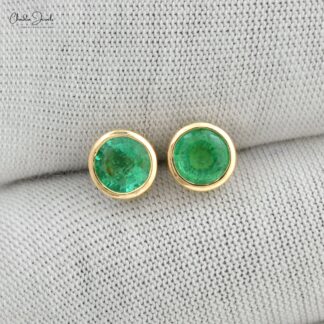 Real 14k Yellow Gold Bezel Set Emerald Stud Earrings For Women