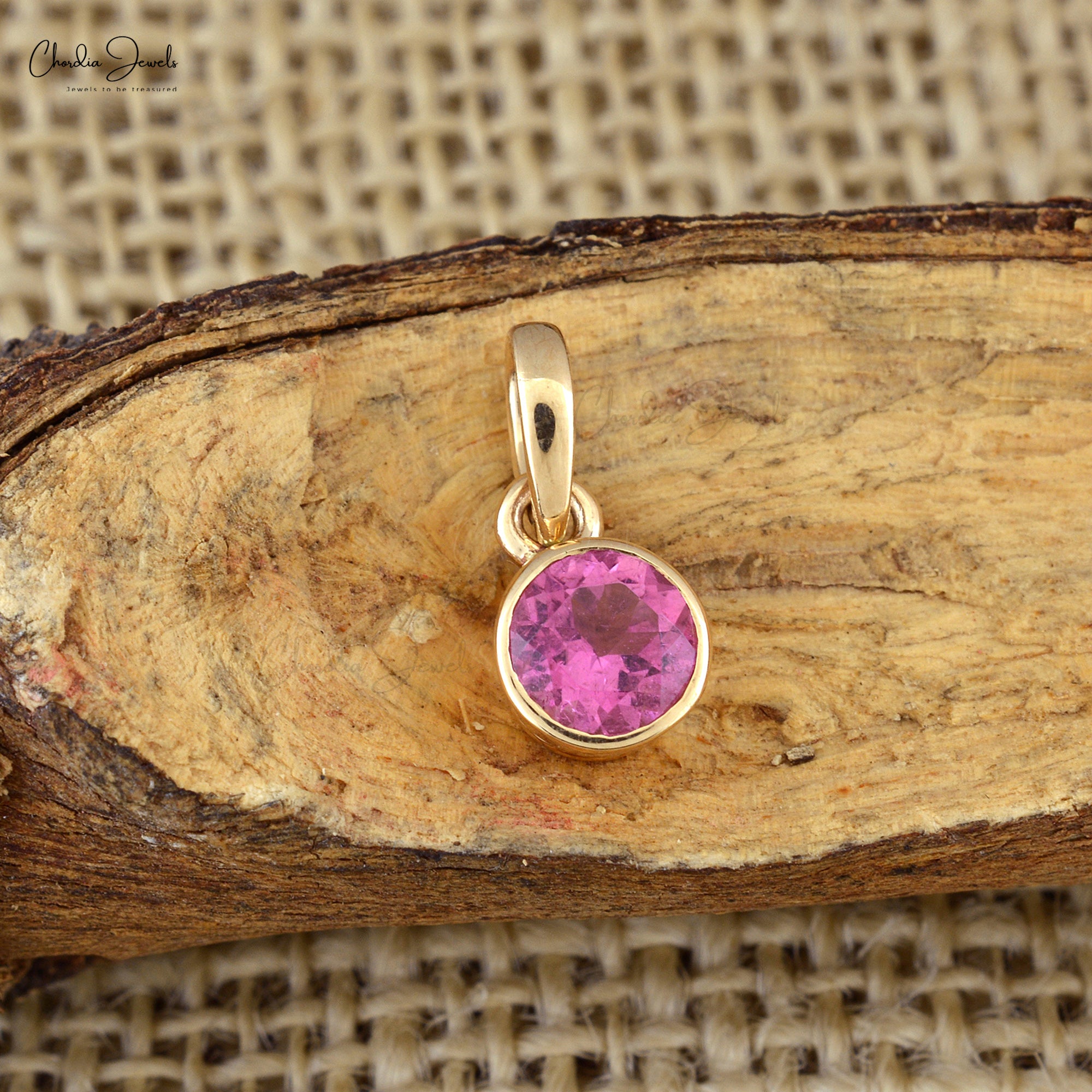 Round Cut Solitaire Charm With 5mm Pink Tourmaline 14k Solid Yellow Gold Hallmark Pendant