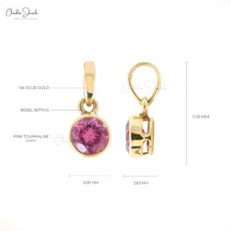 Round Cut Solitaire Charm With 5mm Pink Tourmaline 14k Solid Yellow Gold Hallmark Pendant