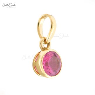 Round Cut Solitaire Charm With 5mm Pink Tourmaline 14k Solid Yellow Gold Hallmark Pendant