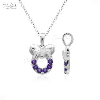 Solid 14k White Gold Natural 2mm Amethyst Mickey Mouse Kids Pendant For Gift