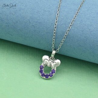 Solid 14k White Gold Natural 2mm Amethyst Mickey Mouse Kids Pendant For Gift