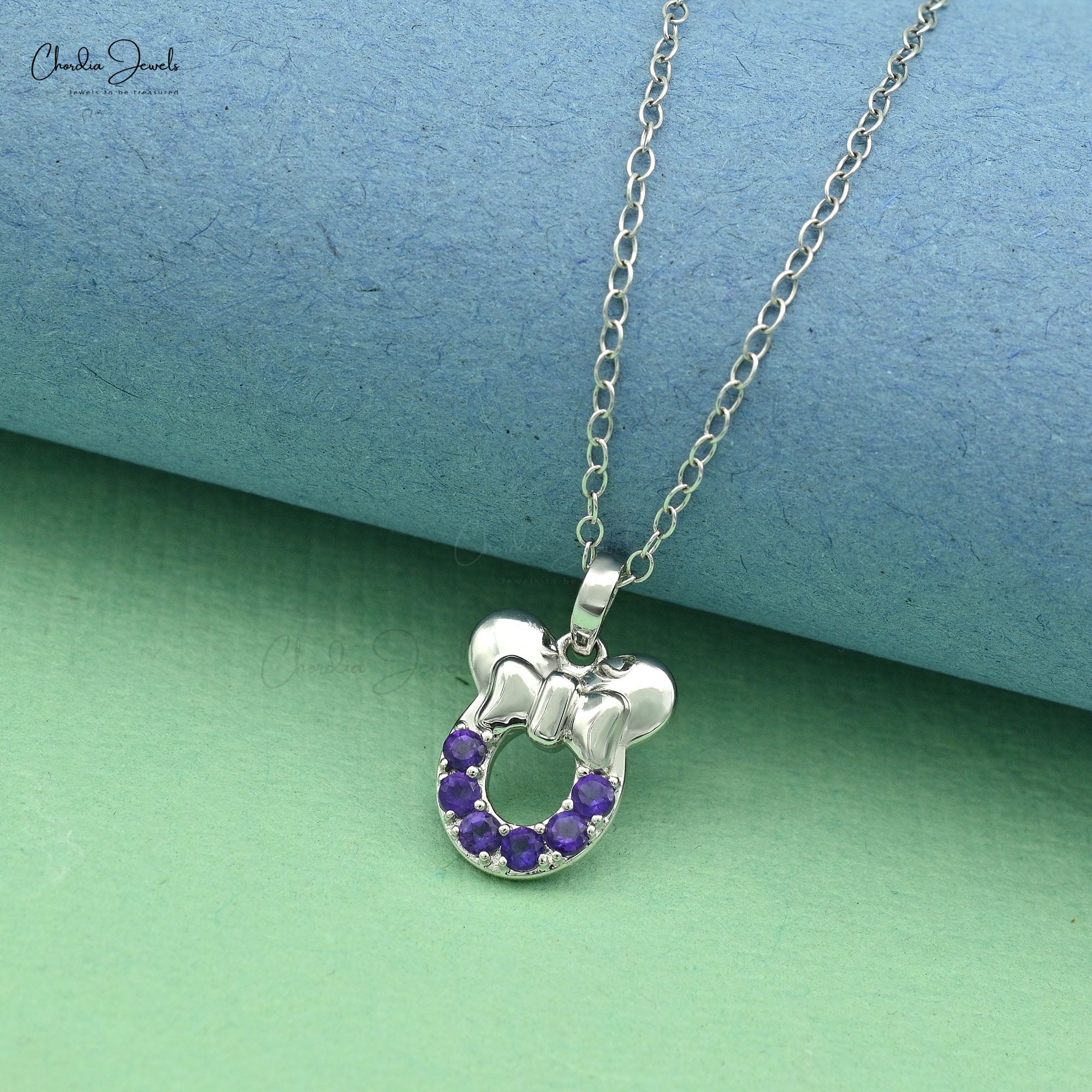 Solid 14k White Gold Natural 2mm Amethyst Mickey Mouse Kids Pendant For Gift