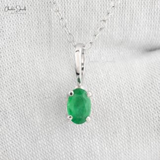 Natural Emerald Gemstone Solitaire Pendant In 14k White Gold