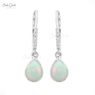 Genuine Opal Earrings 8x6mm Pear Cut Gemstone Dangle Earrings 14k Solid White Gold Diamond Antique Art Deco Earrings For Her