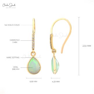 Natural Ethiopian Opal Dainty Earrings 14k Solid Yellow Gold White Diamond Earrings For Birthday Gift Pear Cut Gemstone Fine Jewelry