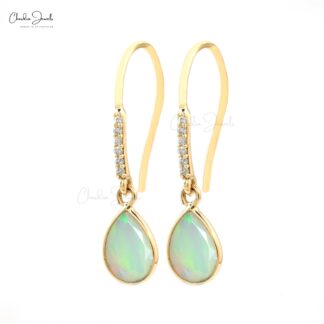 Natural Ethiopian Opal Dainty Earrings 14k Solid Yellow Gold White Diamond Earrings For Birthday Gift Pear Cut Gemstone Fine Jewelry