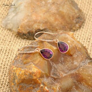 Genuine Rhodolite Garnet Dainty Earrings 1.16 Carats Pear Cut Gemstone Earrings 14k Solid Rose Gold White Diamond Dangle Earrings For Anniversary Gift