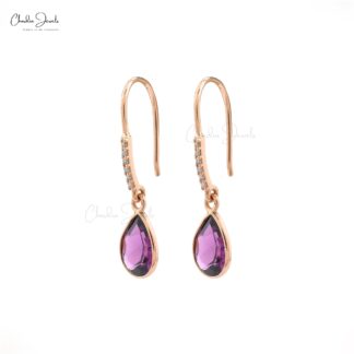 Genuine Rhodolite Garnet Dainty Earrings 1.16 Carats Pear Cut Gemstone Earrings 14k Solid Rose Gold White Diamond Dangle Earrings For Anniversary Gift