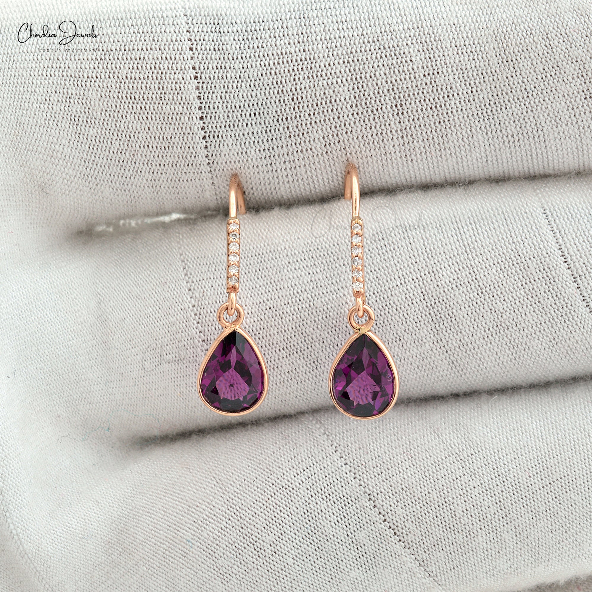 Genuine Rhodolite Garnet Dainty Earrings 1.16 Carats Pear Cut Gemstone Earrings 14k Solid Rose Gold White Diamond Dangle Earrings For Anniversary Gift