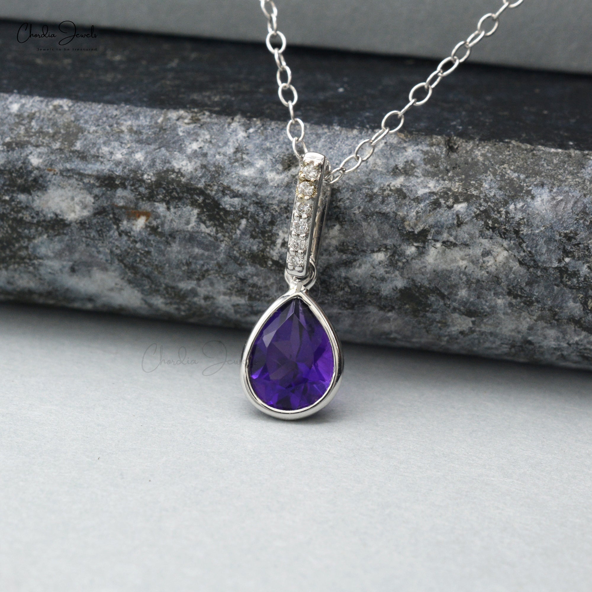 Solid 14k Gold Dangling Pendant In 0.95 Ct Amethyst And Diamond Minimalist Necklace