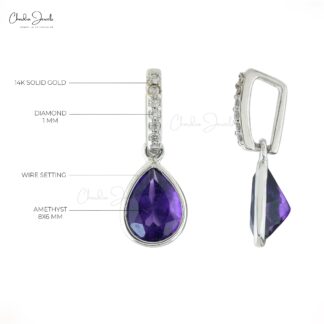 Solid 14k Gold Dangling Pendant In 0.95 Ct Amethyst And Diamond Minimalist Necklace