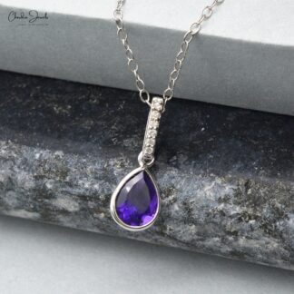 Solid 14k Gold Dangling Pendant In 0.95 Ct Amethyst And Diamond Minimalist Necklace