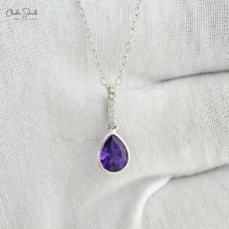 Solid 14k Gold Dangling Pendant In 0.95 Ct Amethyst And Diamond Minimalist Necklace