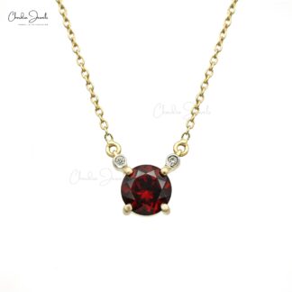 Brilliant Cut Diamond 3 Stone Necklace With 6mm Red Garnet 14k Yellow Gold Chain Jewelry