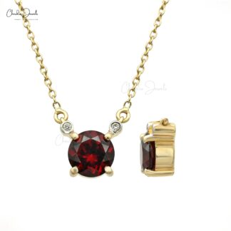 Brilliant Cut Diamond 3 Stone Necklace With 6mm Red Garnet 14k Yellow Gold Chain Jewelry