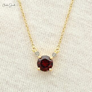 Brilliant Cut Diamond 3 Stone Necklace With 6mm Red Garnet 14k Yellow Gold Chain Jewelry