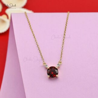 Brilliant Cut Diamond 3 Stone Necklace With 6mm Red Garnet 14k Yellow Gold Chain Jewelry