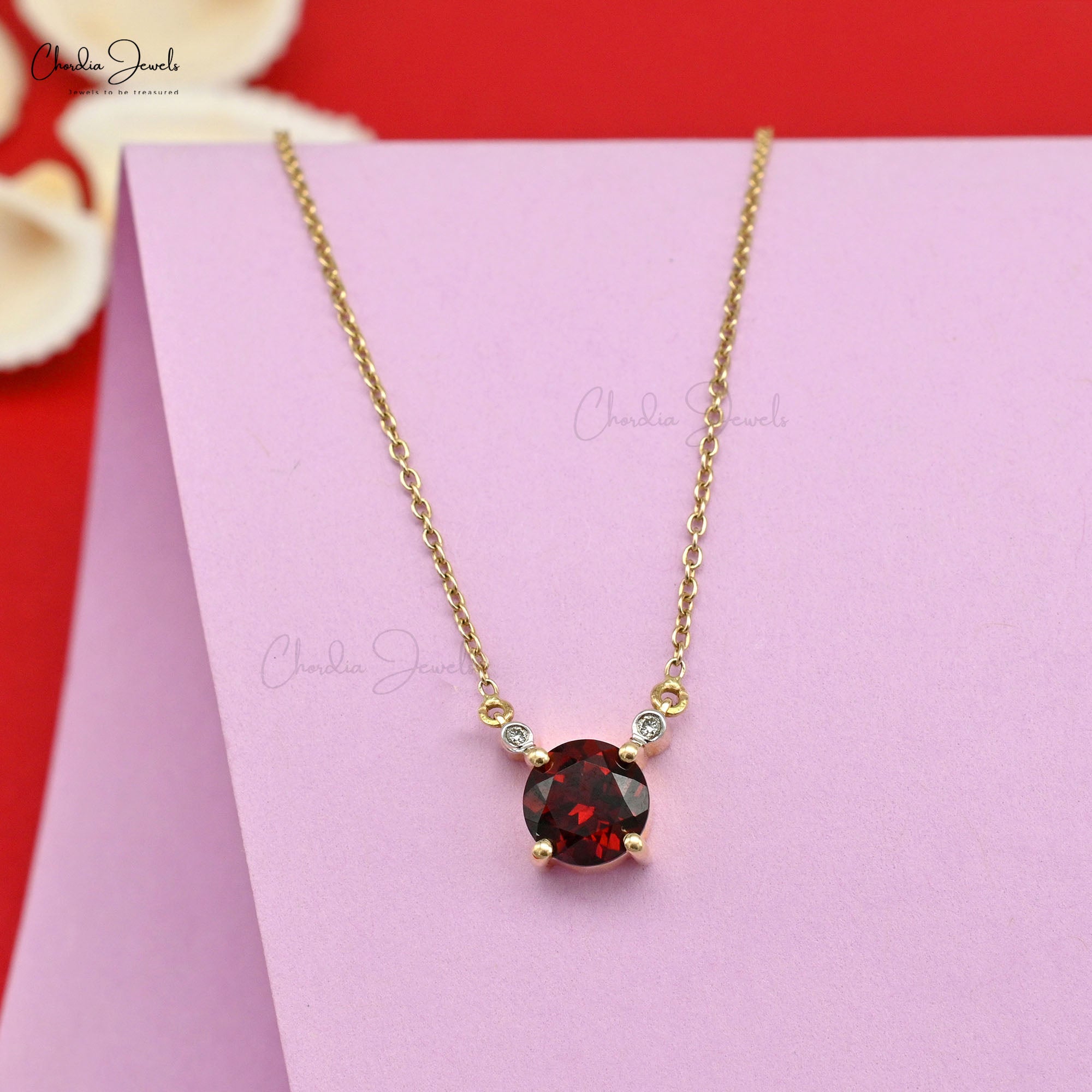 Brilliant Cut Diamond 3 Stone Necklace With 6mm Red Garnet 14k Yellow Gold Chain Jewelry