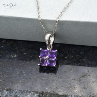 Square Cut 4 Stone Pendant In 14k Real White Gold Amethyst February Birthstone Pendants