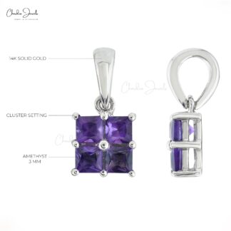 Square Cut 4 Stone Pendant In 14k Real White Gold Amethyst February Birthstone Pendants