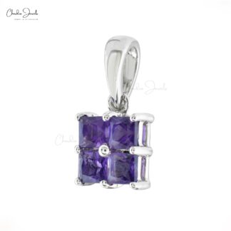 Square Cut 4 Stone Pendant In 14k Real White Gold Amethyst February Birthstone Pendants