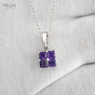 Square Cut 4 Stone Pendant In 14k Real White Gold Amethyst February Birthstone Pendants