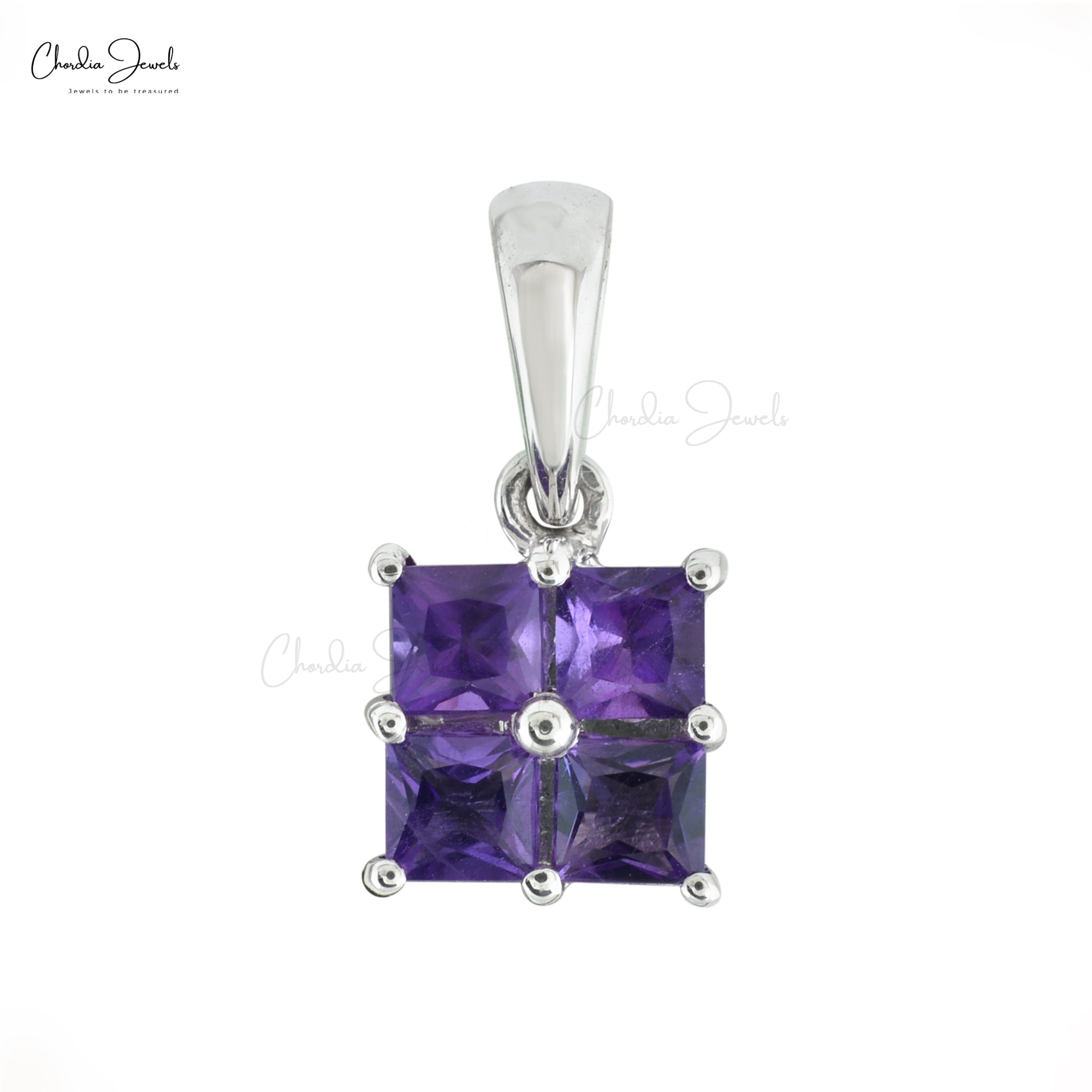 Square Cut 4 Stone Pendant In 14k Real White Gold Amethyst February Birthstone Pendants