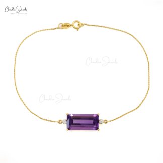 Baguette Amethyst Bracelet With Dainty Diamond 14k Yellow Gold Chain Bracelets For Her