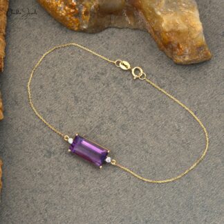 Baguette Amethyst Bracelet With Dainty Diamond 14k Yellow Gold Chain Bracelets For Her
