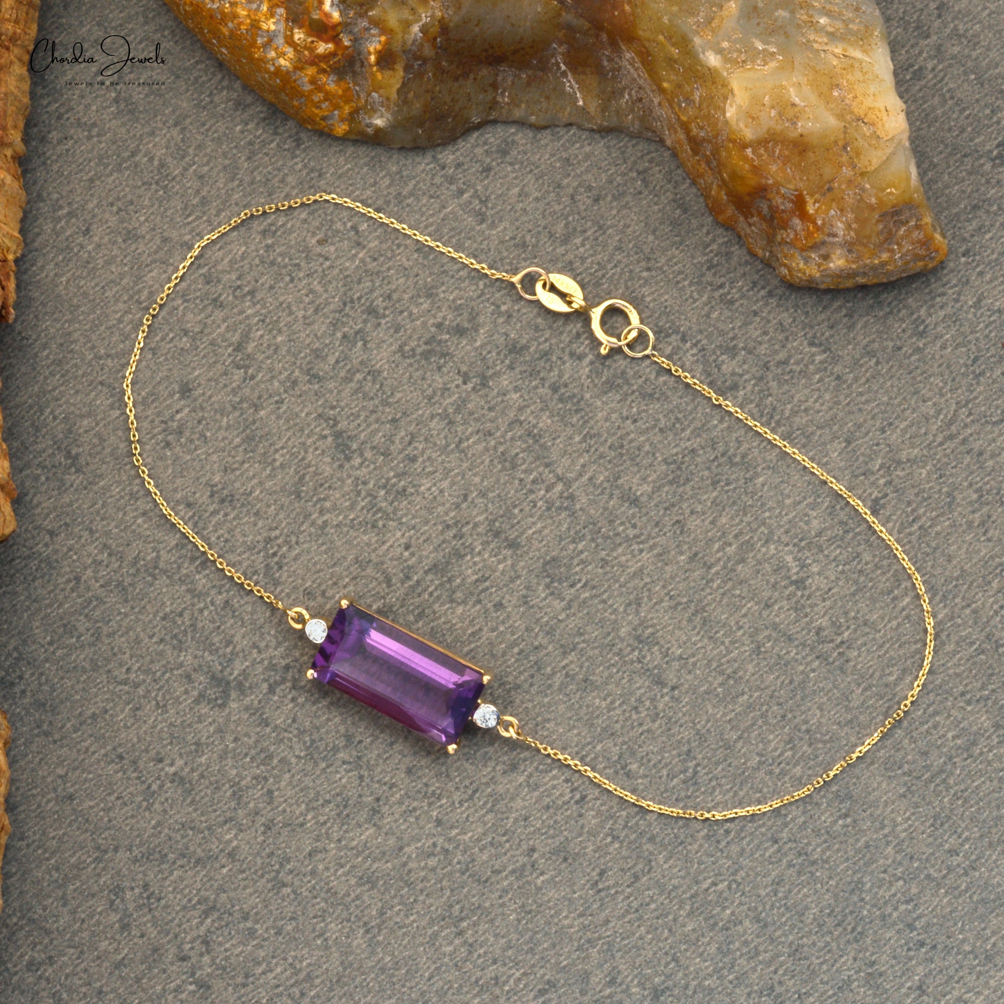 Baguette Amethyst Bracelet With Dainty Diamond 14k Yellow Gold Chain Bracelets For Her