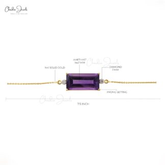 Baguette Amethyst Bracelet With Dainty Diamond 14k Yellow Gold Chain Bracelets For Her