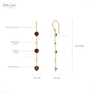 Heart Cut Natural Red Garnet Dangling Earring in 14k Solid Yellow Gold